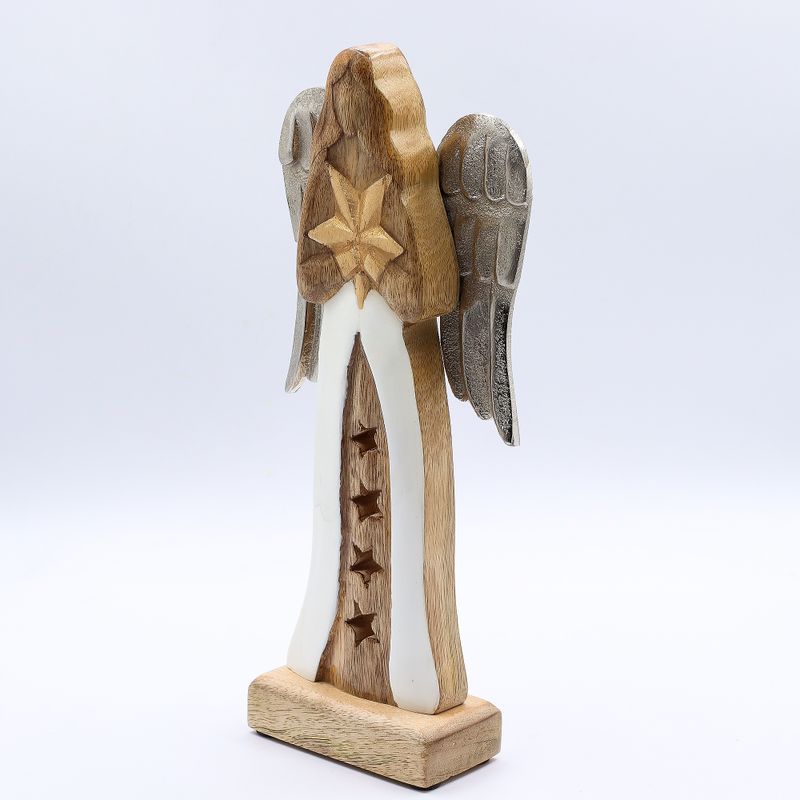 Grand Ange Étoile en bois de manguier – Ailes en métal & détails émaillés – 30 cm