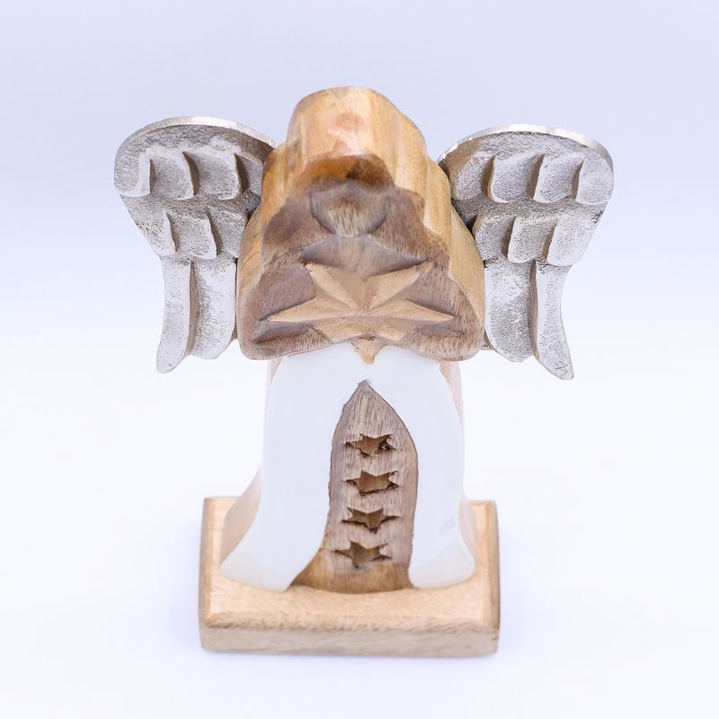 Grand Ange Étoile en bois de manguier – Ailes en métal & détails émaillés – 30 cm