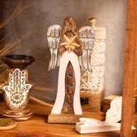 Grand Ange Étoile en bois de manguier – Ailes en métal & détails émaillés – 30 cm