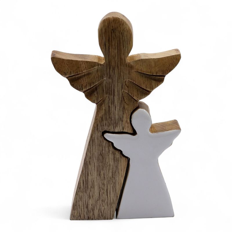 Ange en bois de manguier avec ange imbriqué – Émail blanc – 15 cm