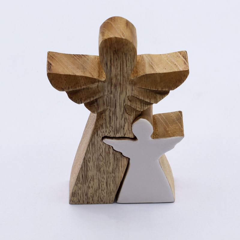 Ange en bois de manguier avec ange imbriqué – Émail blanc – 15 cm
