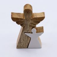 Ange en bois de manguier avec ange imbriqué – Émail blanc – 15 cm