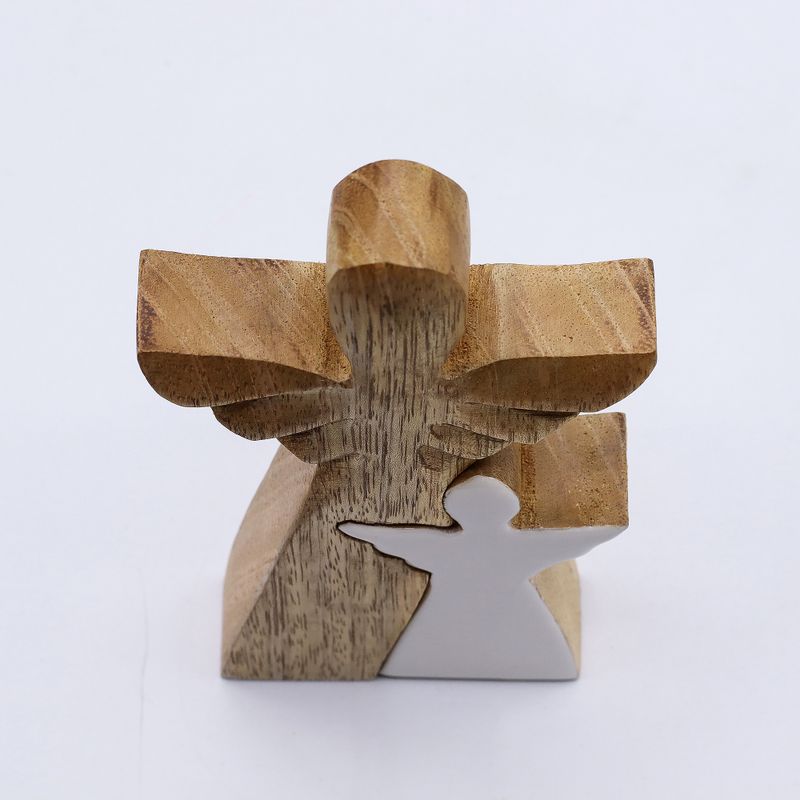 Ange en bois de manguier avec ange imbriqué – Émail blanc – 15 cm