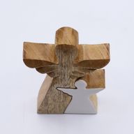 Ange en bois de manguier avec ange imbriqué – Émail blanc – 15 cm