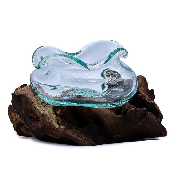 Bol ondulé en verre soufflé sur bois – 18 cm