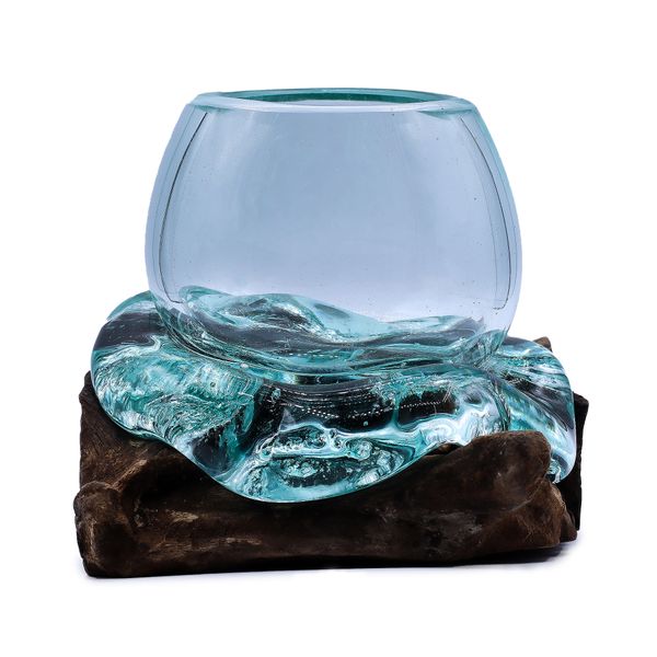 Mini bol poisson rouge en verre soufflé sur bois – 20 cm