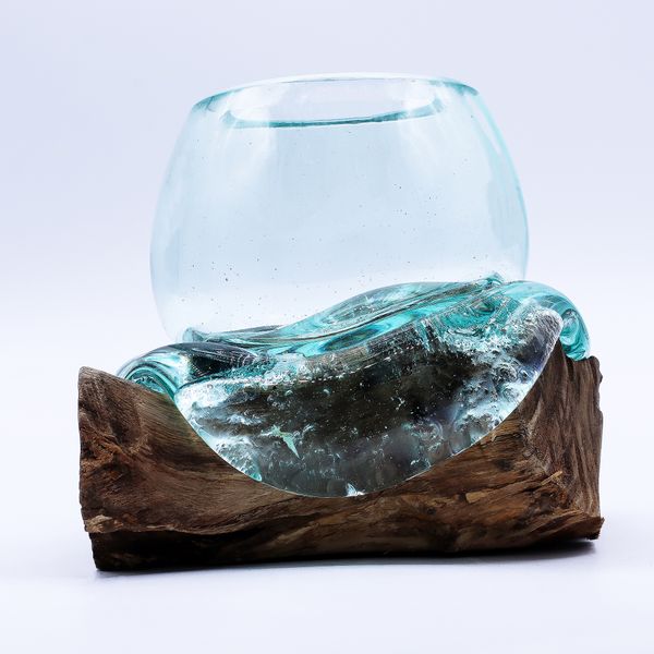 Mini bol poisson rouge en verre soufflé sur bois – 20 cm