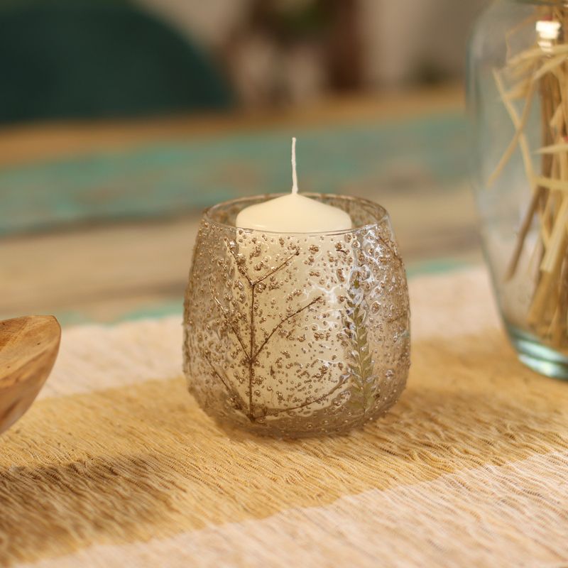 Porte-bougie droit en verre floral – Pin – 10x9 cm