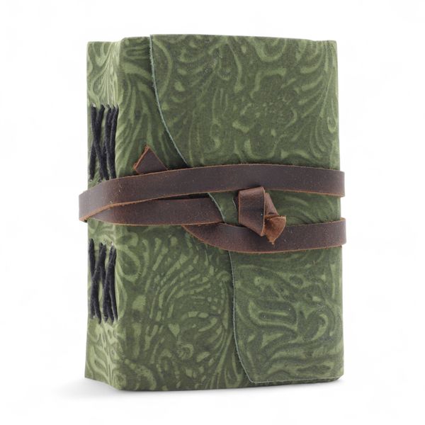 Carnet cuir épais bords frangés (12,5x9 cm) – Motif labyrinthe vert