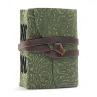Carnet cuir épais bords frangés (12,5x9 cm) – Motif labyrinthe vert