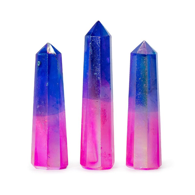 Pointes Obélisques en Gemme env. 9 cm – Quartz Aura Cristal – Rose & Bleu