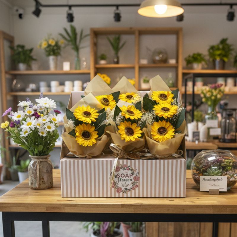 Boîte Cadeau de Fleurs de Savon – Bouquet de Deux Tournesols