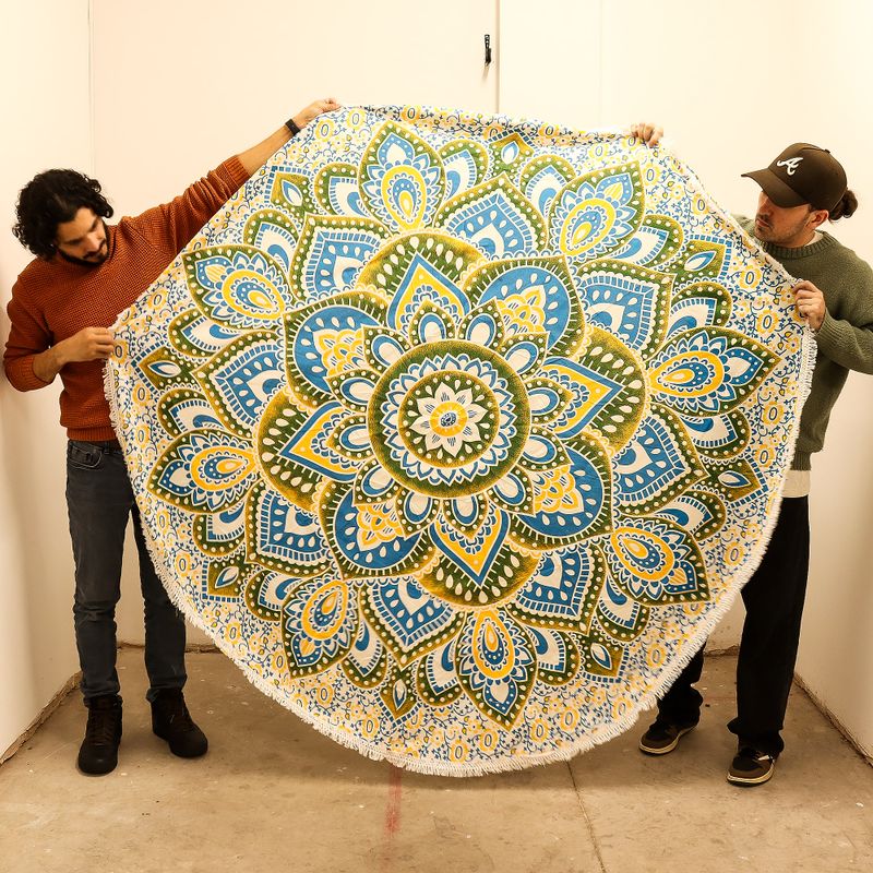 Grande tenture ronde mandala (180 cm) – Jaune & Bleu