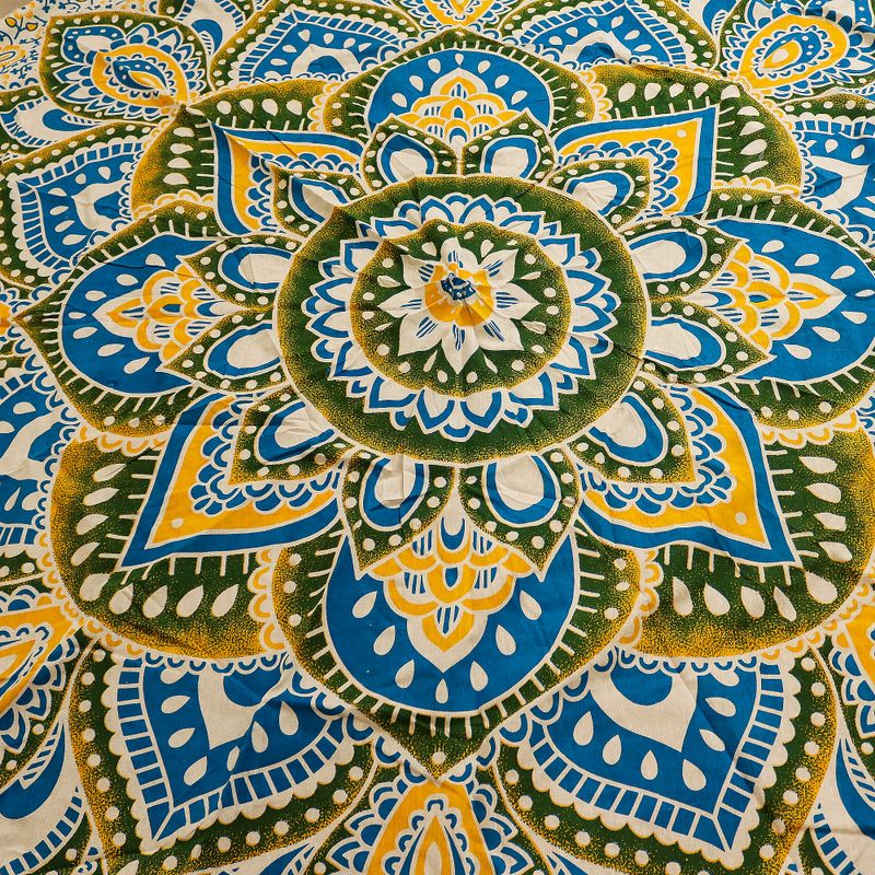 Grande tenture ronde mandala (180 cm) – Jaune & Bleu