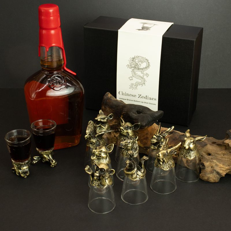 Verres à shot (25 ml) – Créatures du Zodiaque Chinois – Bronze Antique