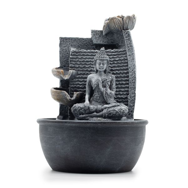 Fontaine d’eau – 19 × 19 × 28 cm – Bouddha, fleur de lotus et pots en cascade