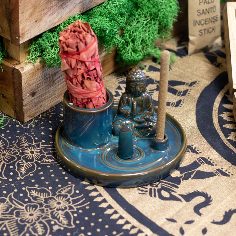 Brûleur d’encens Bouddha multifonction – Céramique bleue
