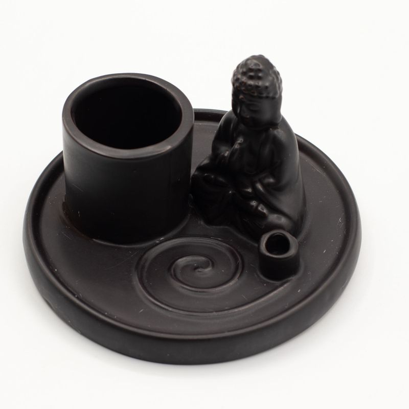 Brûleur d’encens Bouddha multifonction – Céramique noire mate