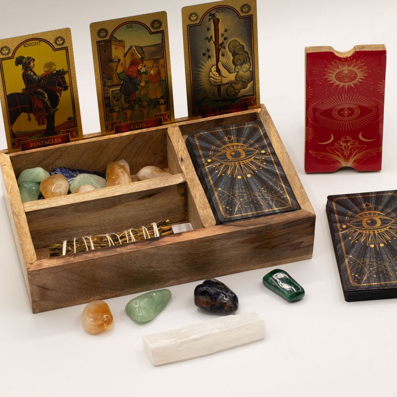 Boîte de tarot à trois compartiments avec porte-cartes