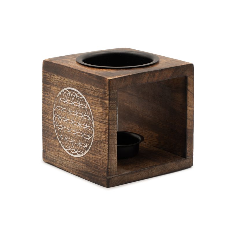 Brûleur d’huile carré en bois de manguier - Fleur de vie