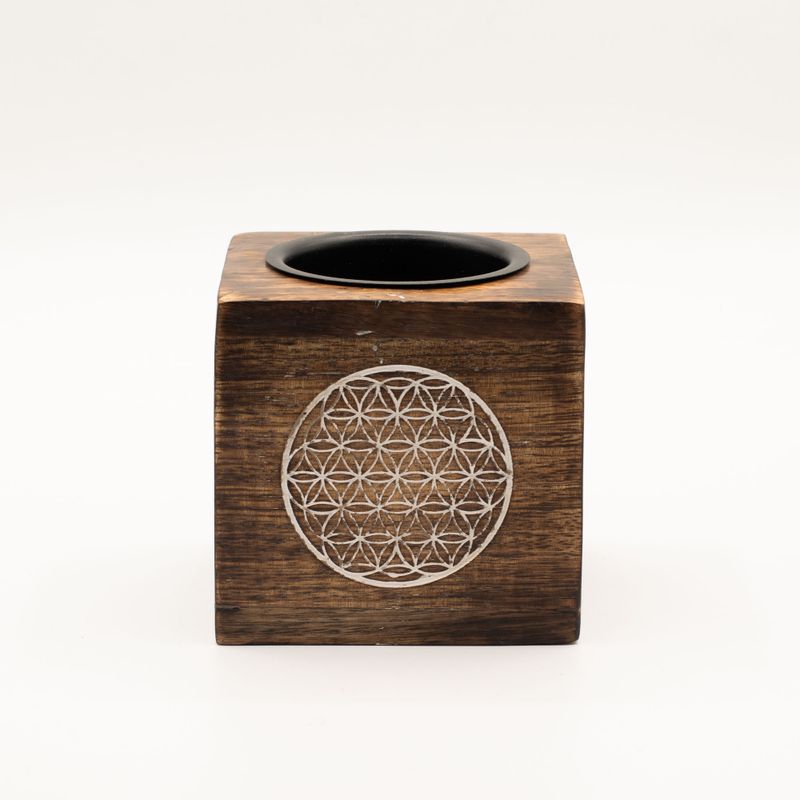 Brûleur d’huile carré en bois de manguier - Fleur de vie