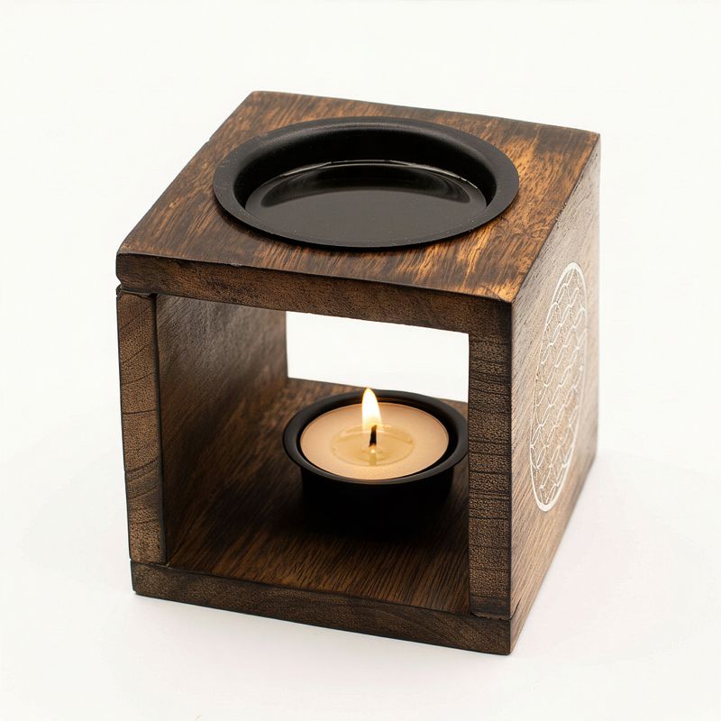 Brûleur d’huile carré en bois de manguier - Fleur de vie