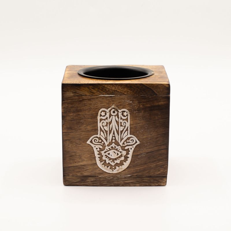 Brûleur d’huile carré en bois de manguier - Hamsa