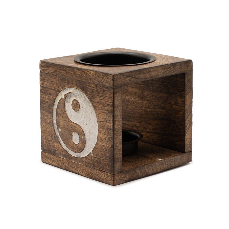 Brûleur d’huile carré en bois de manguier - Yin Yang