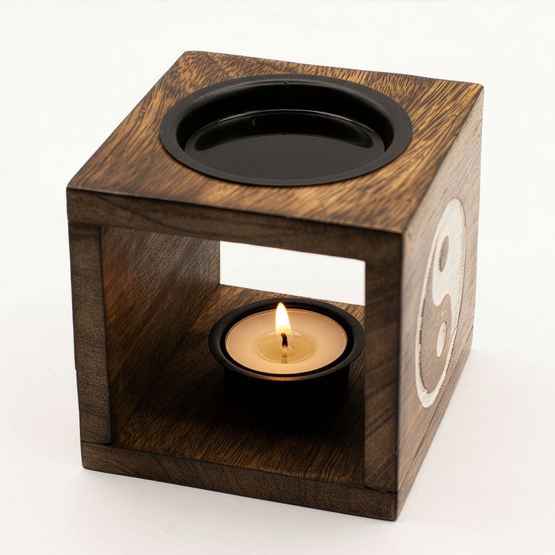 Brûleur d’huile carré en bois de manguier - Yin Yang