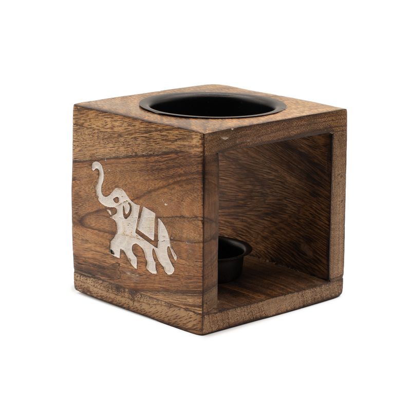 Brûleur d’huile carré en bois de manguier - Éléphant