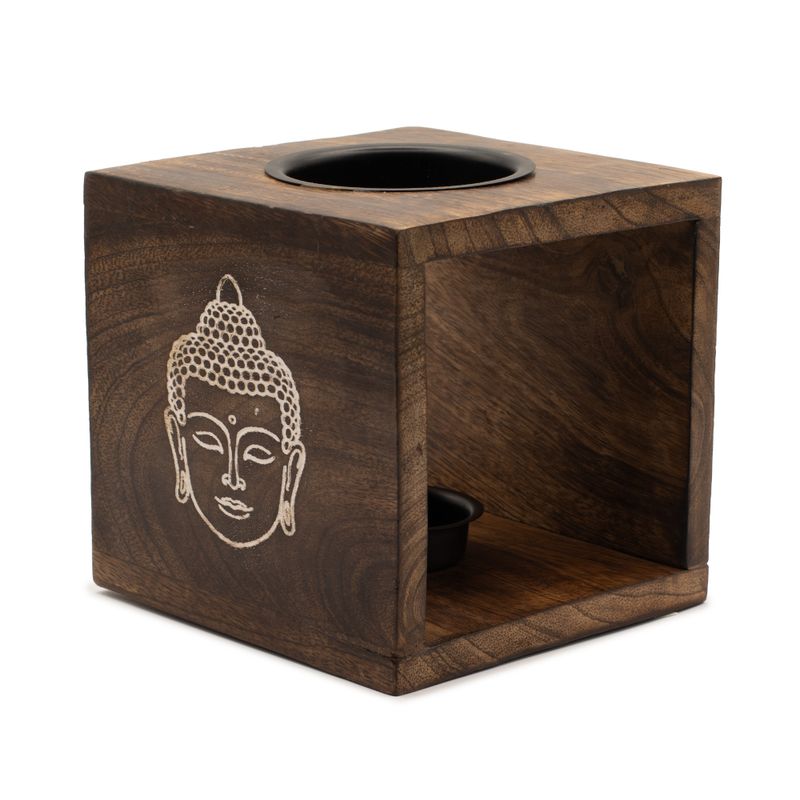 Grand brûleur d’huile carré en bois de manguier - Visage de Bouddha