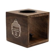 Grand brûleur d’huile carré en bois de manguier - Visage de Bouddha