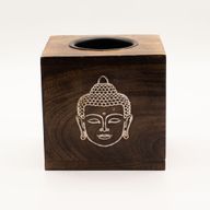 Grand brûleur d’huile carré en bois de manguier - Visage de Bouddha