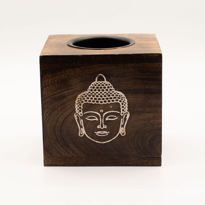 Grand brûleur d’huile carré en bois de manguier - Visage de Bouddha