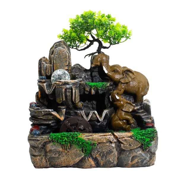Fontaine de table – Éléphants amoureux, lumière & boule de cristal (30×20×35 cm)