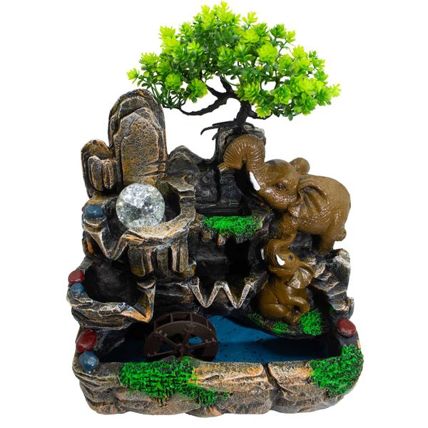 Fontaine de table – Éléphants amoureux, lumière & boule de cristal (30×20×35 cm)