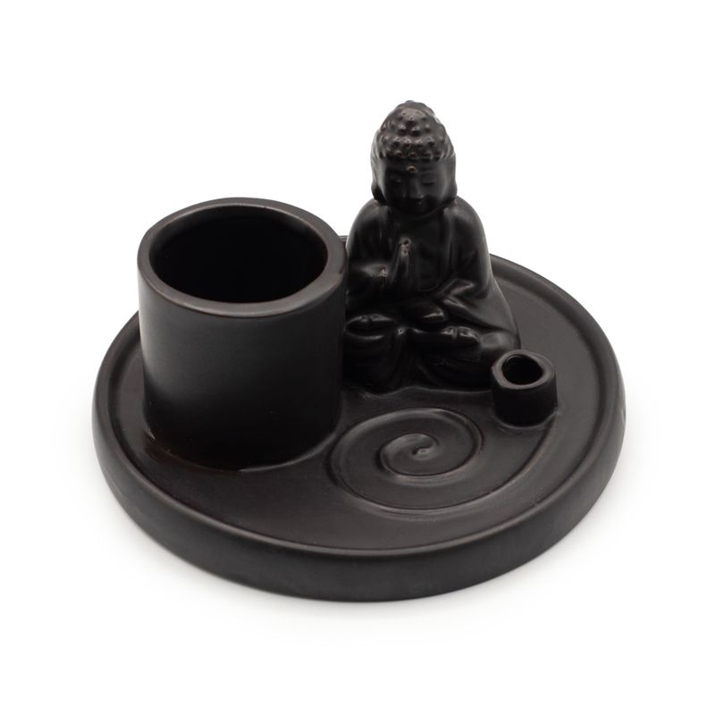 Brûleur d’encens Bouddha multifonction – Céramique noire mate