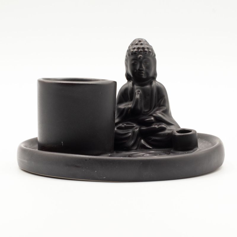 Brûleur d’encens Bouddha multifonction – Céramique noire mate