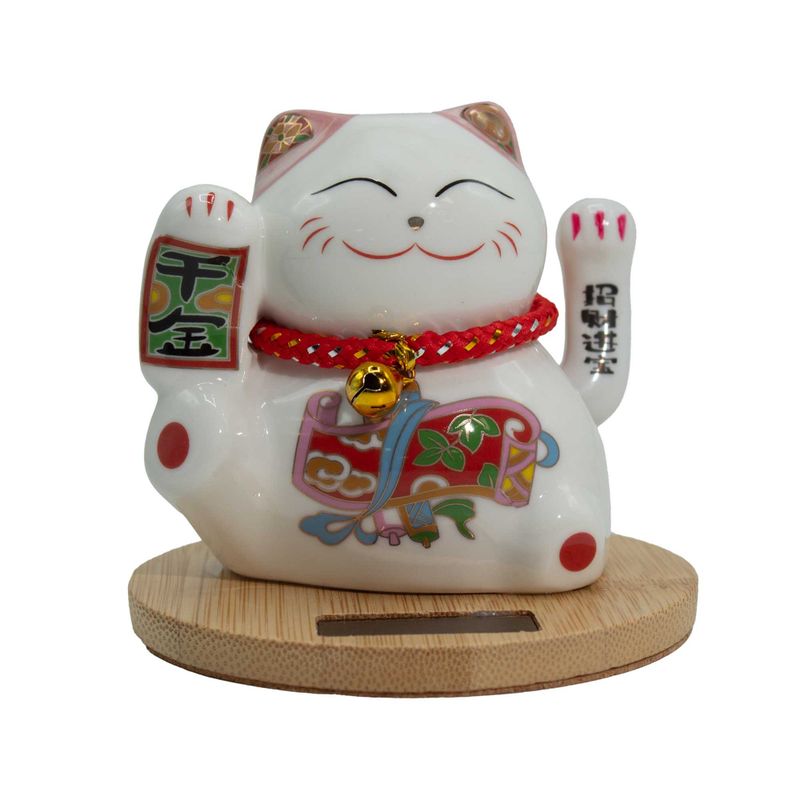 Chat Porte-Bonheur Solaire Rose Maneki Neko sur socle en bois - Main Mobile