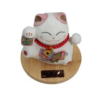 Chat Porte-Bonheur Solaire Rose Maneki Neko sur socle en bois - Main Mobile