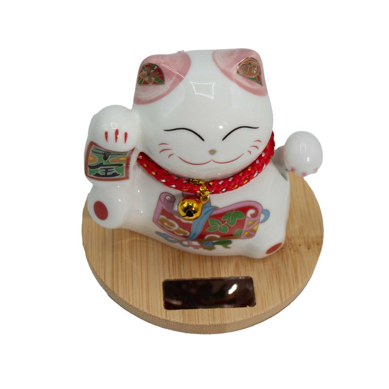 Chat Porte-Bonheur Solaire Rose Maneki Neko sur socle en bois - Main Mobile