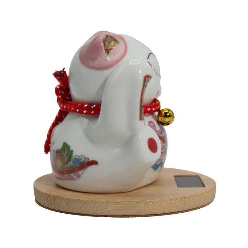 Chat Porte-Bonheur Solaire Rose Maneki Neko sur socle en bois - Main Mobile