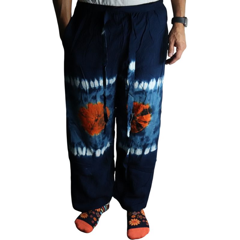 Pantalon lounge style japonais - L - Bleu, Sarcelle / Orange
