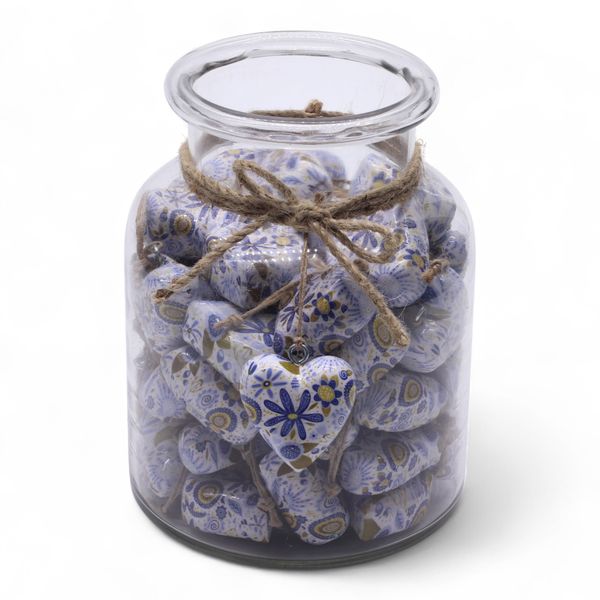 Grands cœurs en bois – Floral bleu (50) – en bocal