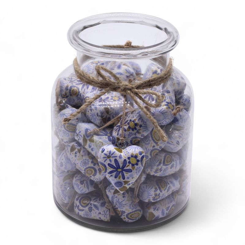 Grands cœurs en bois – Floral bleu (50) – en bocal