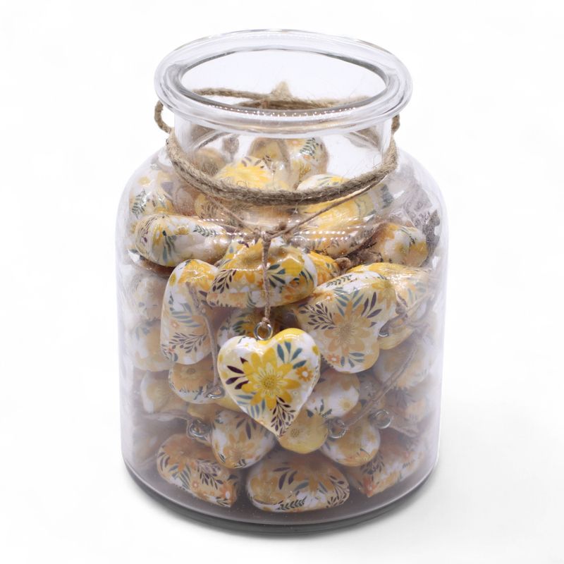 Grands cœurs en bois – Floral jaune (50) – en bocal