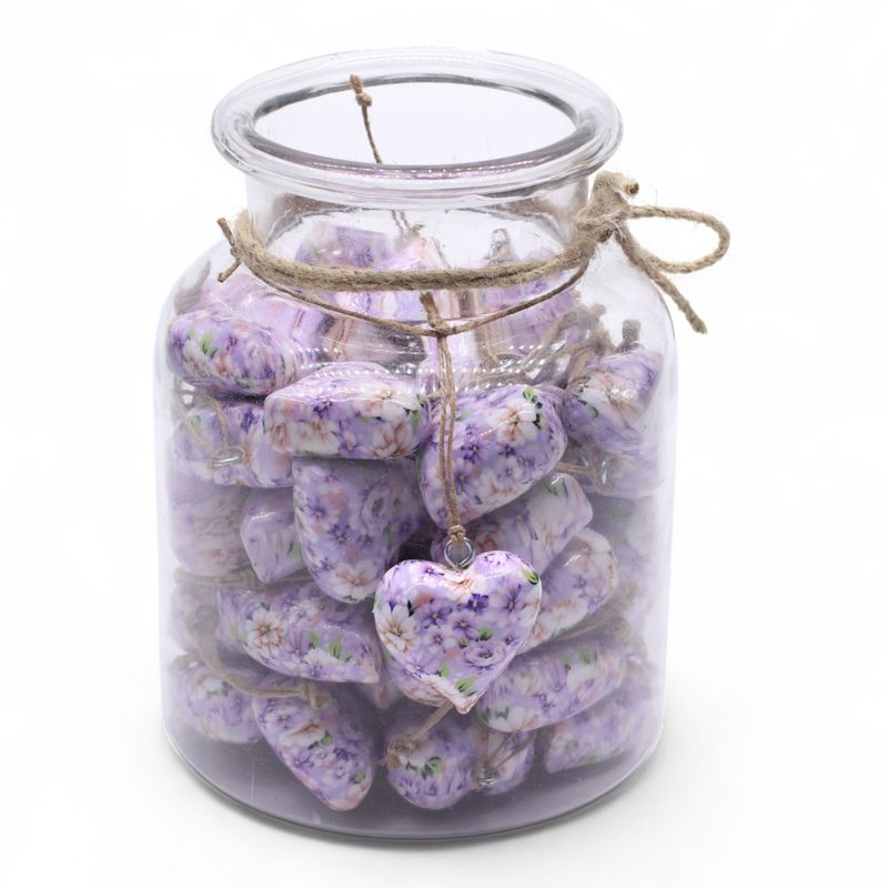 Grands cœurs en bois – Fleur violette (50) – en bocal