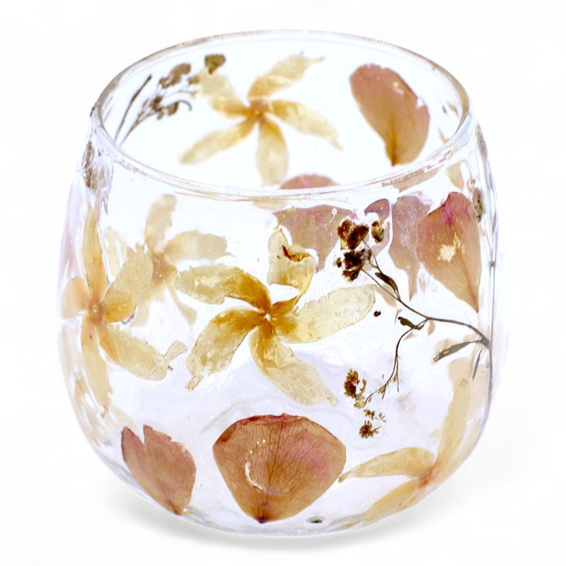 Porte-bougie droit en verre floral – Rose – 8x8 cm