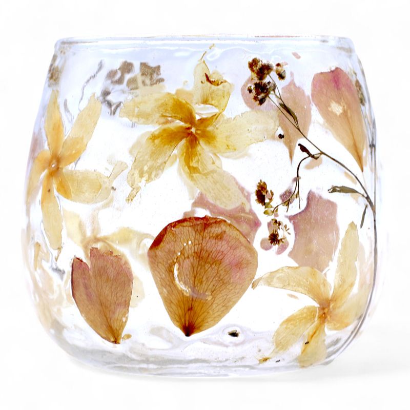 Porte-bougie droit en verre floral – Rose – 8x8 cm