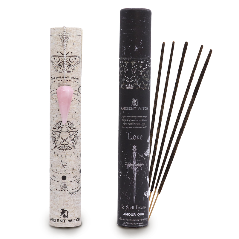 Tube Encens sortilège Ancient Witch – Amour – Pendule Quartz Rose